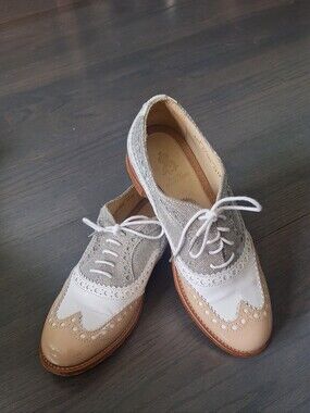 The Office of Angela Scott Mr. Doubt saddle oxford tan white silver  38.5/8.5